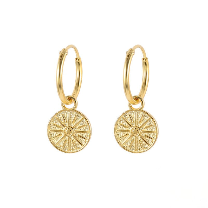 Sunbeam Pattern Charm Hoop Earrings