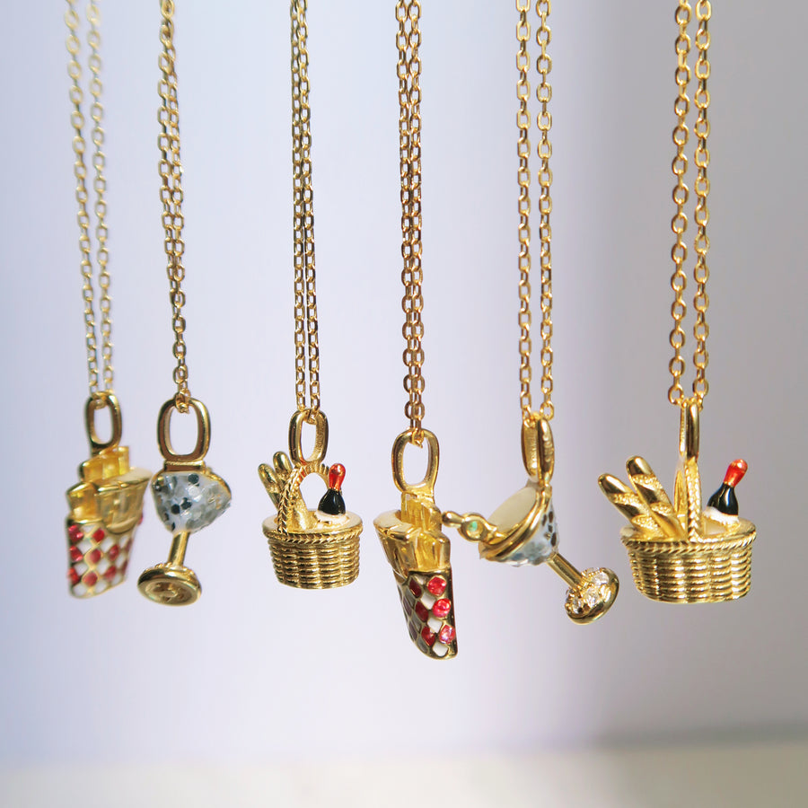 Creative and Original Necklaces with pendants "French Fries Cones" "Picnic Basket" and "Cocktail"