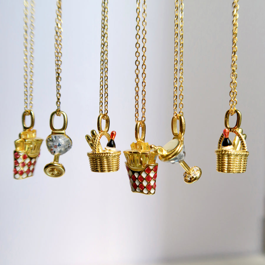 Creative and Original Necklaces with pendants "French Fries Cones" "Picnic Basket" and "Cocktail"