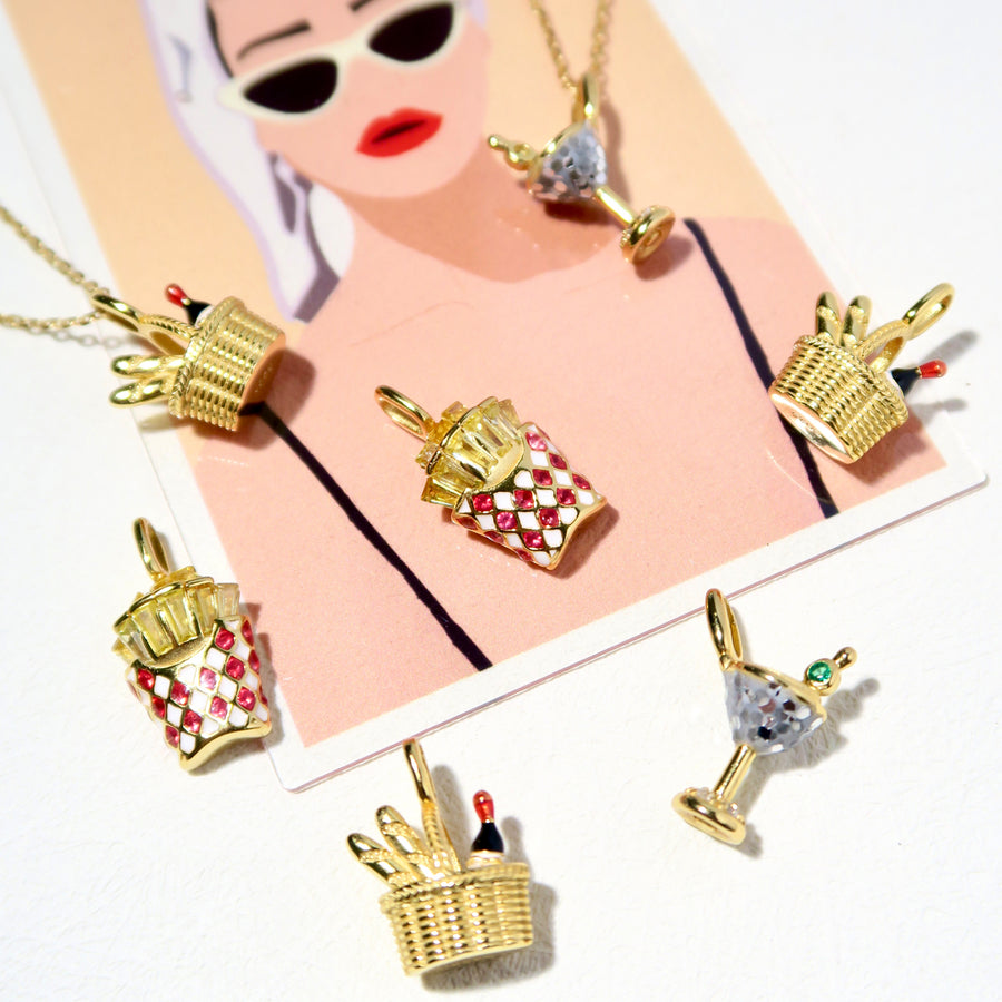 Creative and Original Necklaces with pendants "French Fries Cones" "Picnic Basket" and "Cocktail"