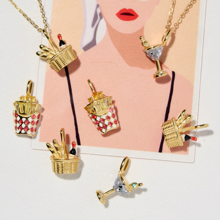 Creative and Original Necklaces with pendants "French Fries Cones" "Picnic Basket" and "Cocktail"