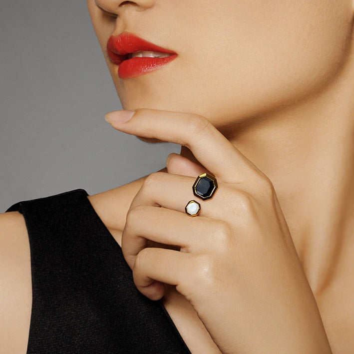 Geometric Minimalist Ring with Onyx and Mother of Pearl Stone