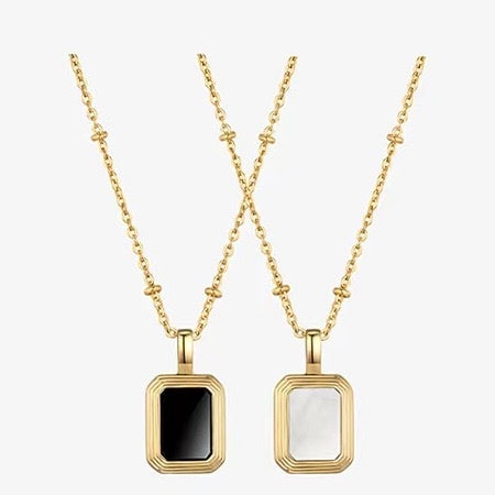 Double Sided Rectangle Necklace with Black Onyx and Mother of Pearl Pendant