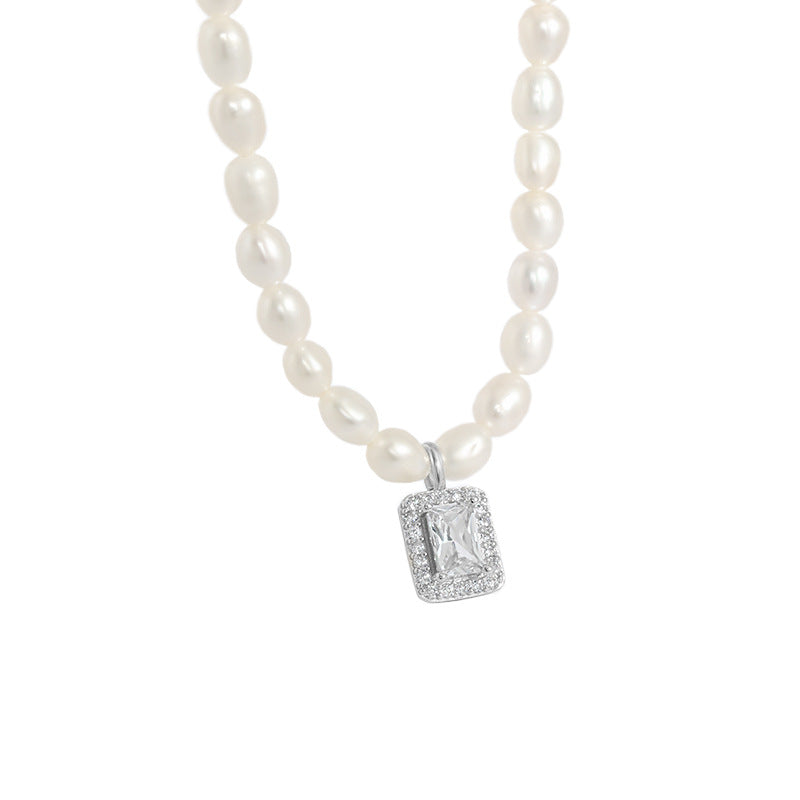 Natural Freshwater Pearl Necklace with Square Zircon Pendant