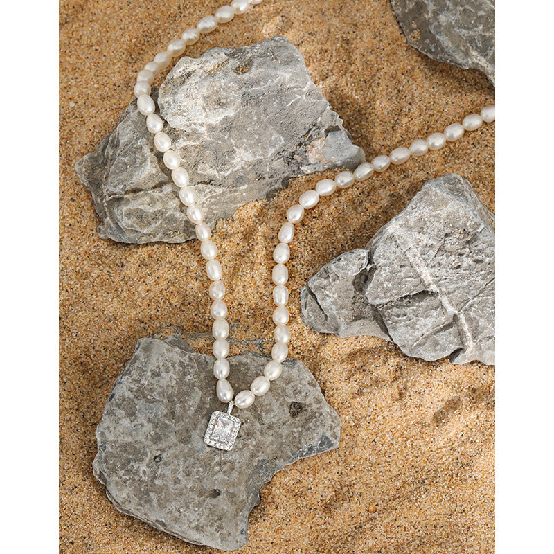 Natural Freshwater Pearl Necklace with Square Zircon Pendant