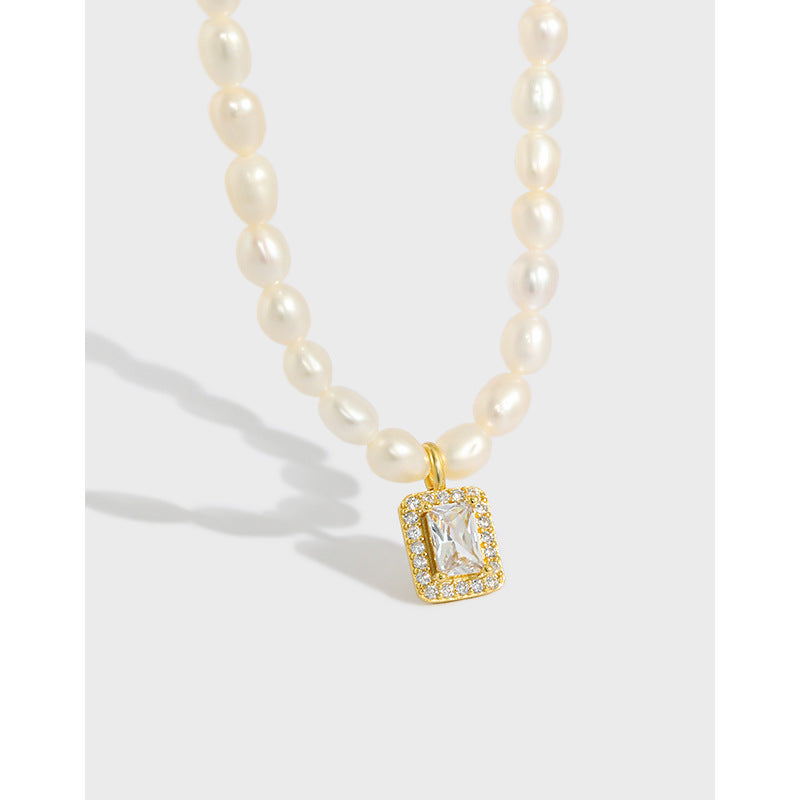 Natural Freshwater Pearl Necklace with Square Zircon Pendant