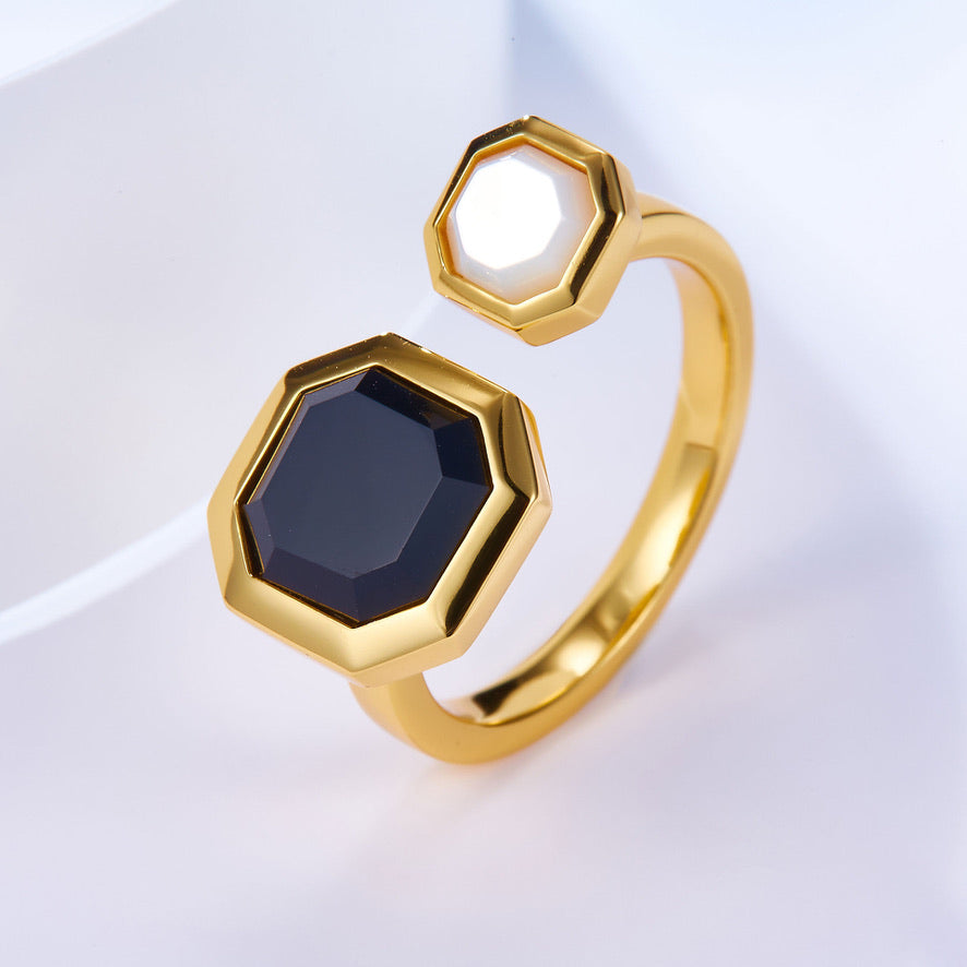 Geometric Minimalist Ring with Onyx and Mother of Pearl Stone