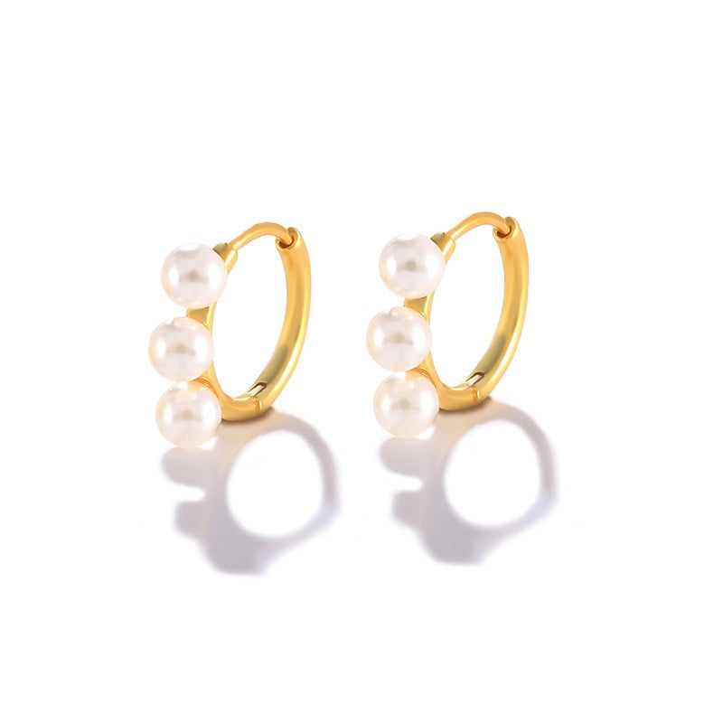 3 Pearls Hoop Earrings