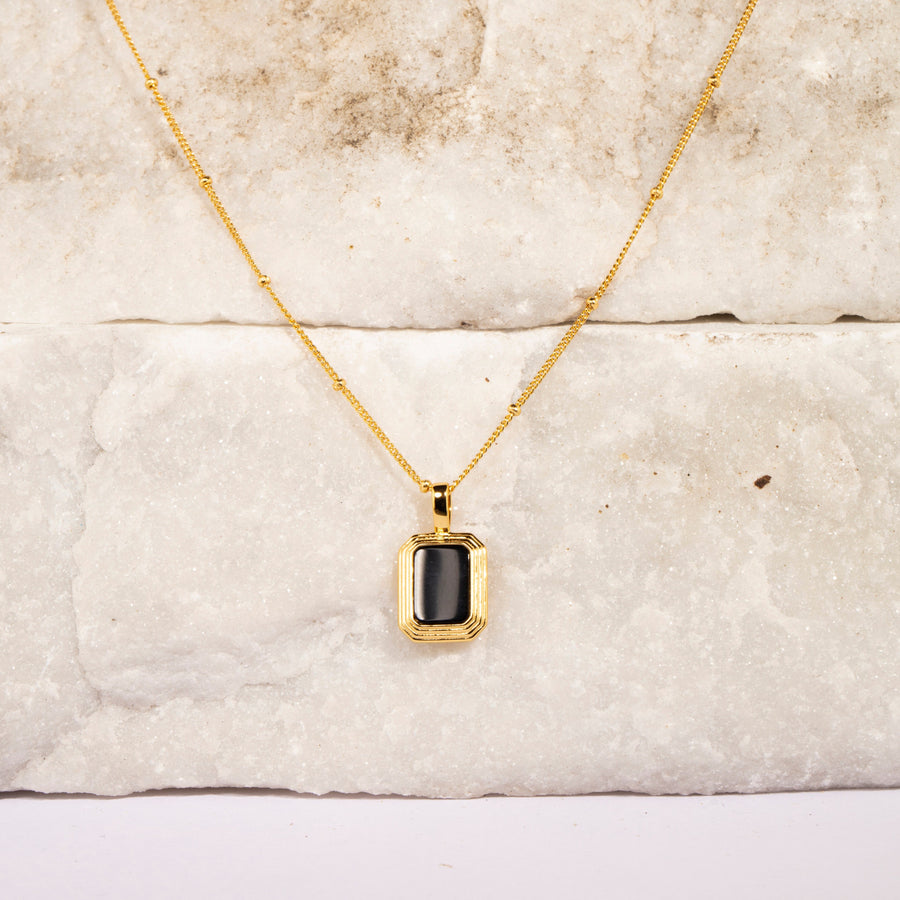 Double Sided Rectangle Necklace with Black Onyx and Mother of Pearl Pendant