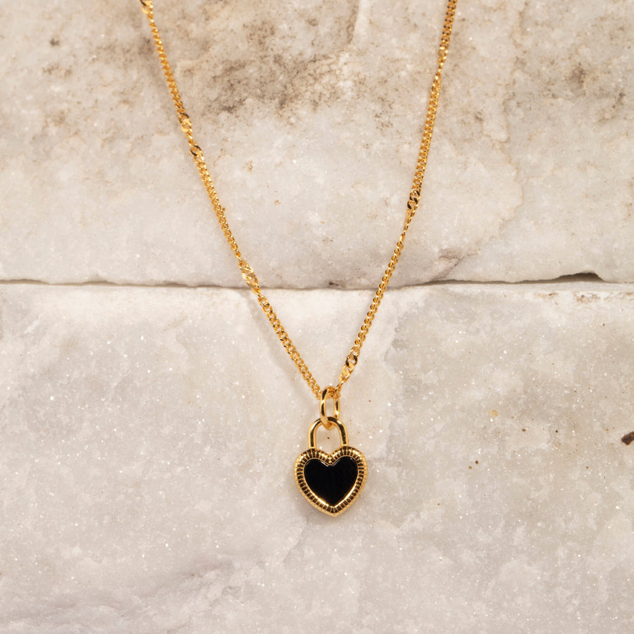 Collier Coeur Double Face avec Pendentif Onyx Noir et Nacre