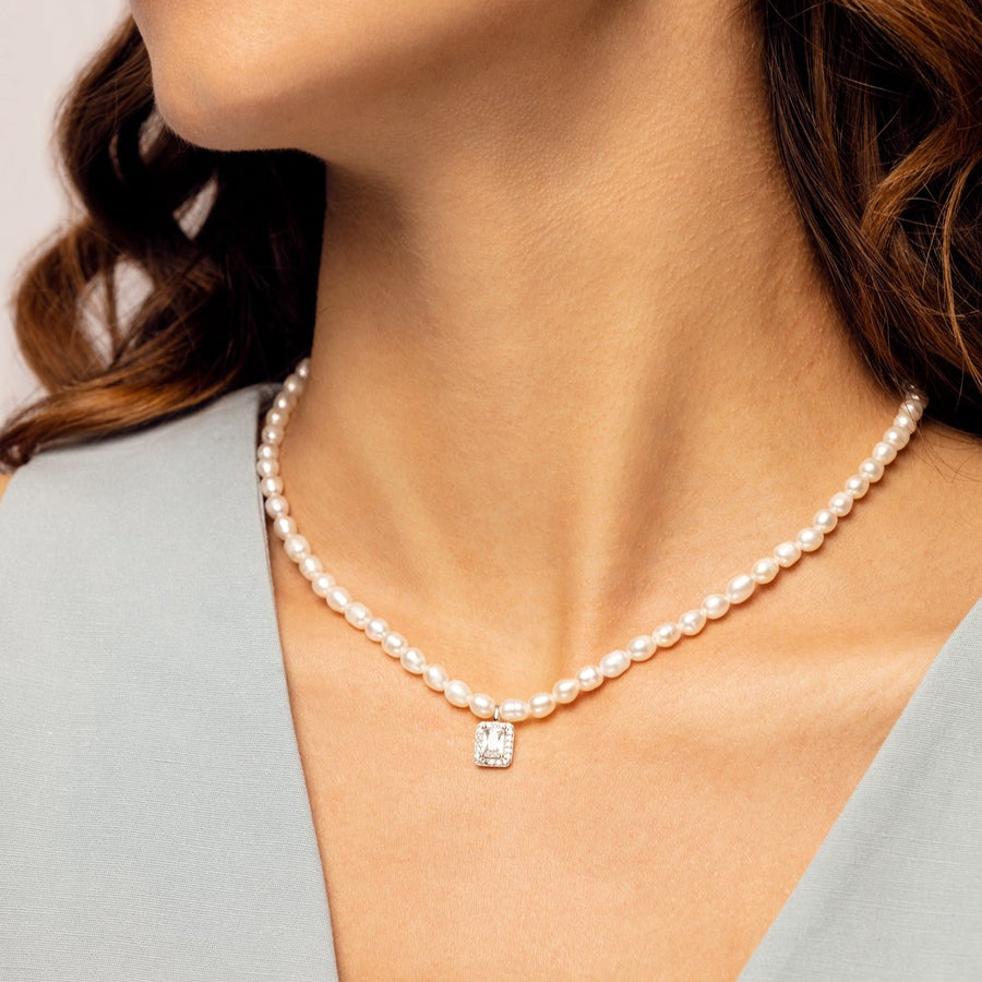 Natural Freshwater Pearl Necklace with Square Zircon Pendant