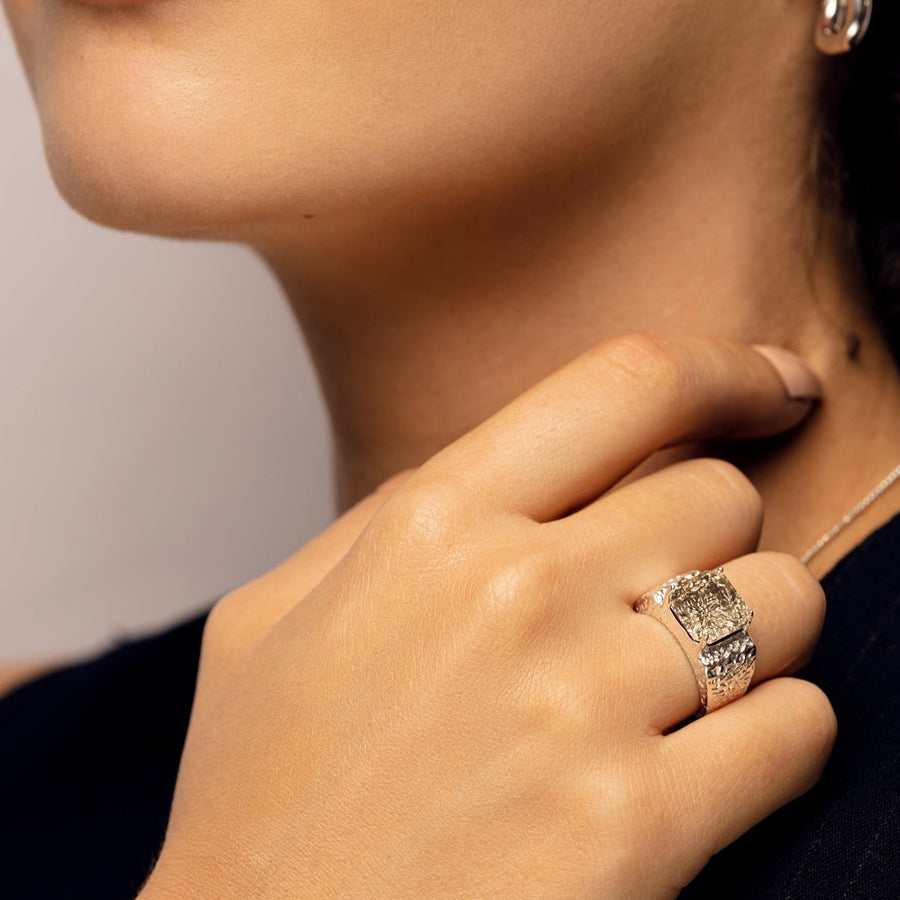 Handmade Chunky Silver Ring with Central Crystal Stone