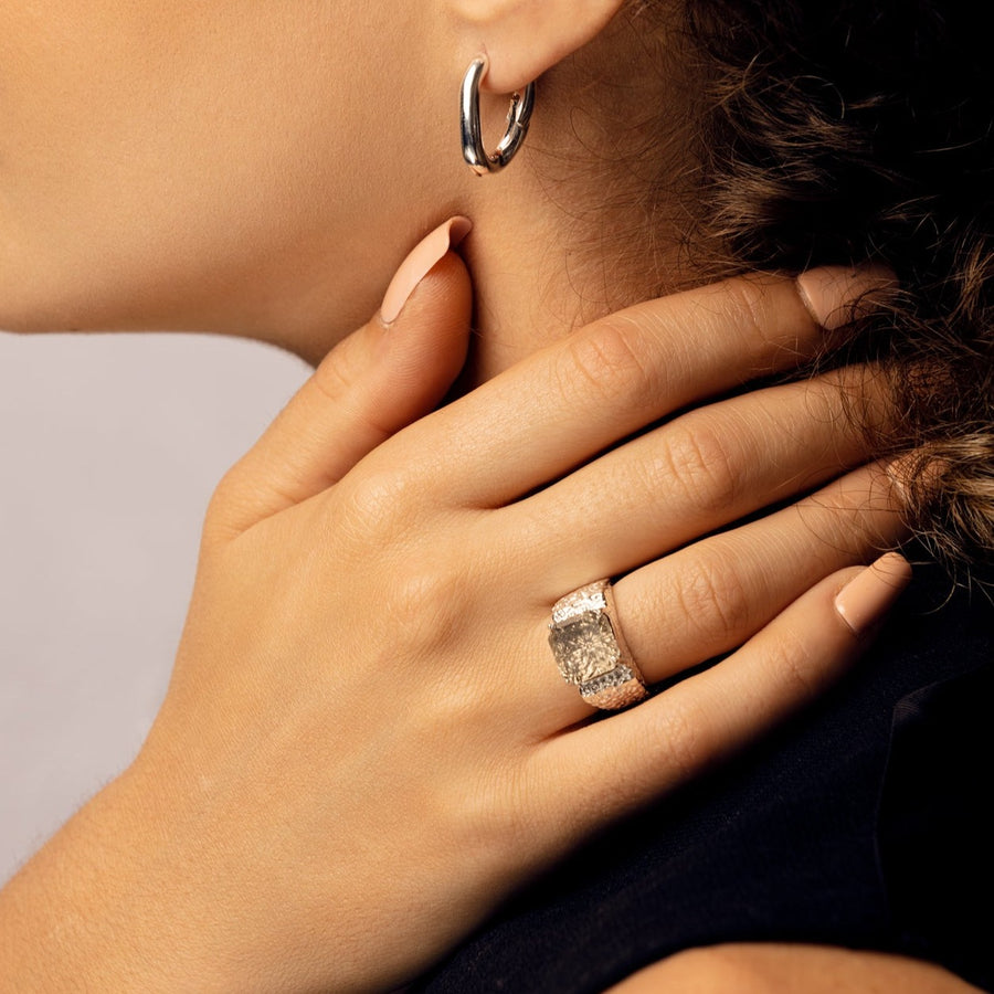 Handmade Chunky Silver Ring with Central Crystal Stone