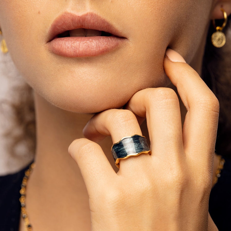 Handcrafted Blue Enamel Irregular Open Ring