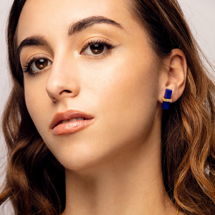 Superbes Boucles d'Oreilles Lapis Lazuli avec Zircon Pavé