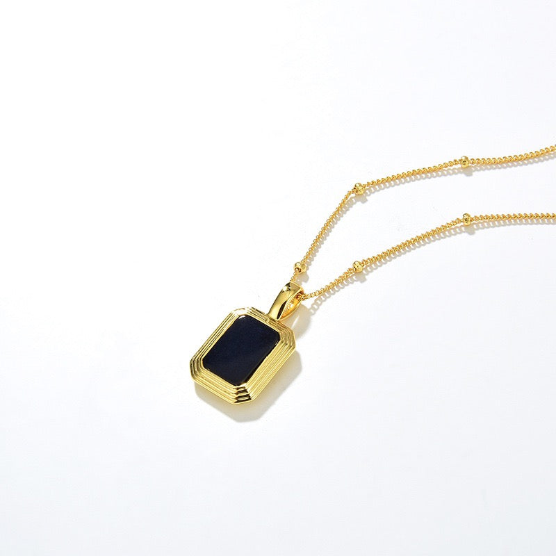 Collier Rectangle Double Face avec Pendentif Onyx Noir et Nacre