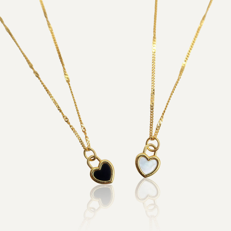 Double Sided Heart Necklace with Black Onyx and Mother of Pearl Pendant