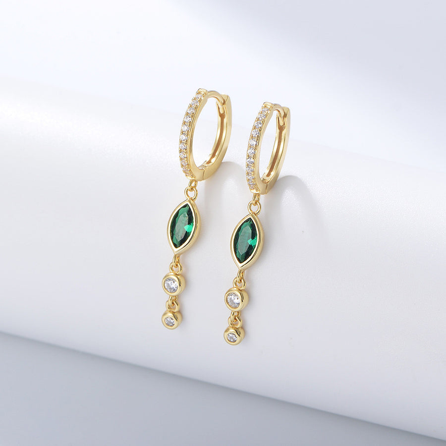 Boucles d'Oreilles Créoles Tendance en Argent Doré avec Pendentif en Zircon Vert