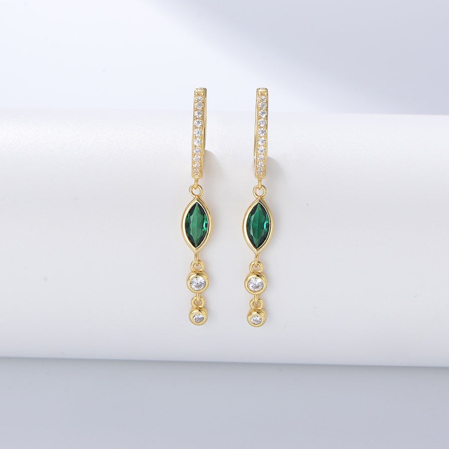 Boucles d'Oreilles Créoles Tendance en Argent Doré avec Pendentif en Zircon Vert