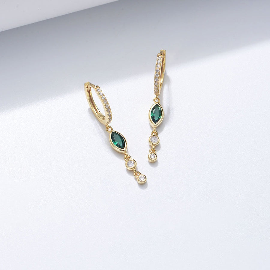 Trendy Hoop Earrings in gold plated silver with pendant in Green Zirconia