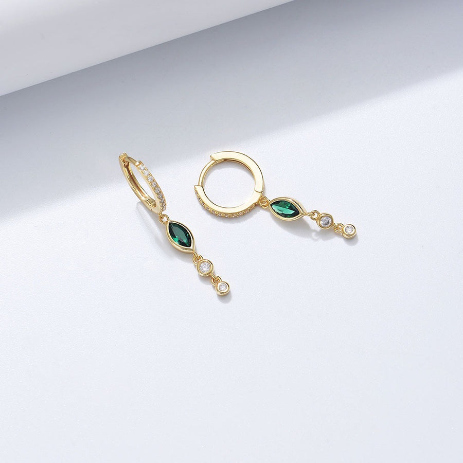 Trendy Hoop Earrings in gold plated silver with pendant in Green Zirconia