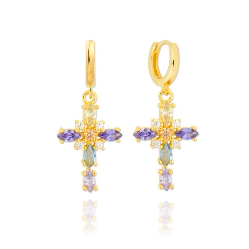 Boucles d'oreilles créoles croix en cristaux brillants