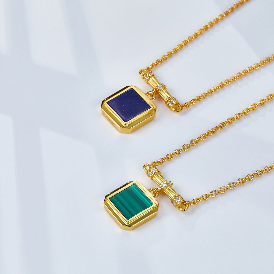 Collier Chic en Or Vermeil avec Pendentif Malachite / Lapis Lazuli