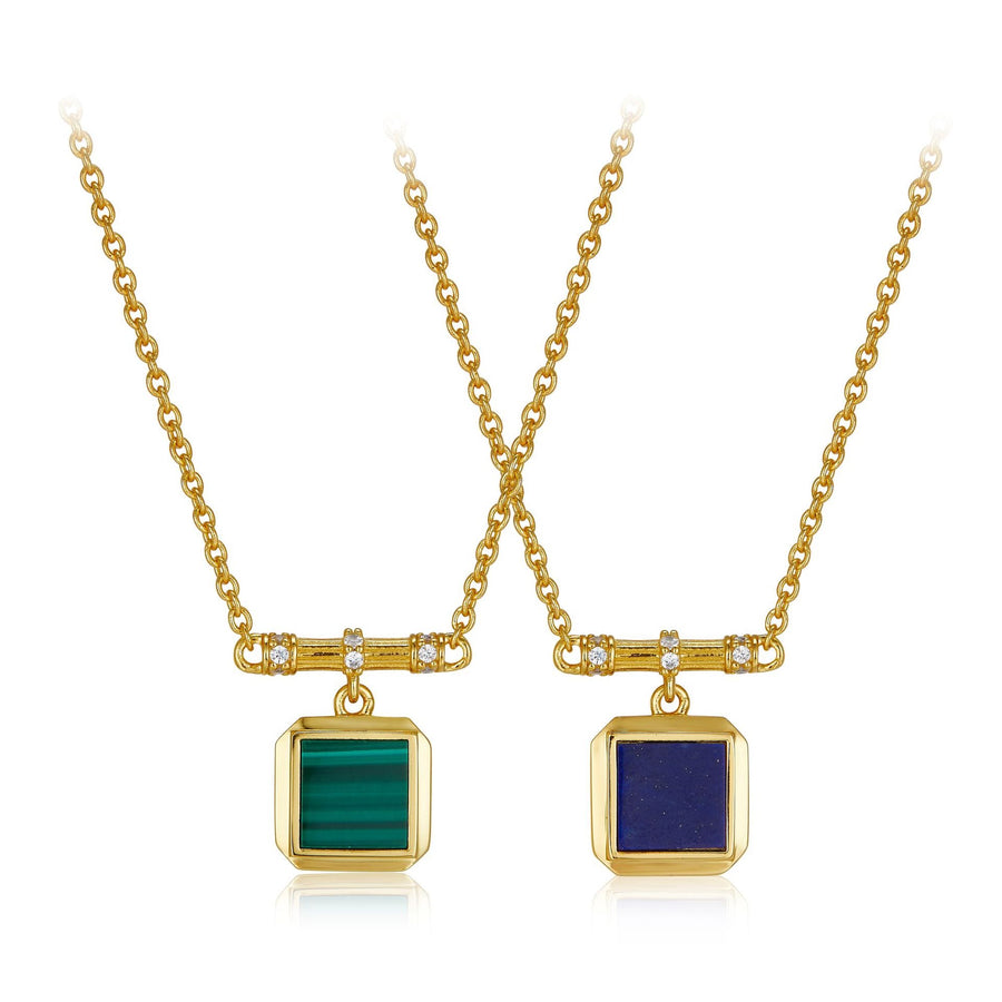 Collier Chic en Or Vermeil avec Pendentif Malachite / Lapis Lazuli