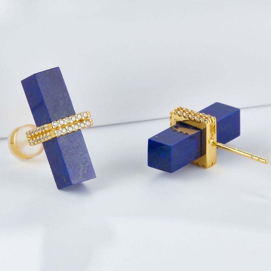 Superbes Boucles d'Oreilles Lapis Lazuli avec Zircon Pavé