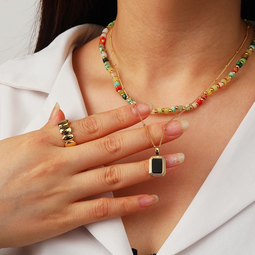 Double Sided Rectangle Necklace with Black Onyx and Mother of Pearl Pendant